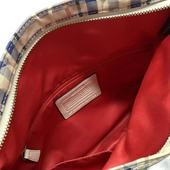 Auth COACH Poppy Tartan Foldover Signature 21139 White Blue Red Jacquard Leather - Picture 5 of 13